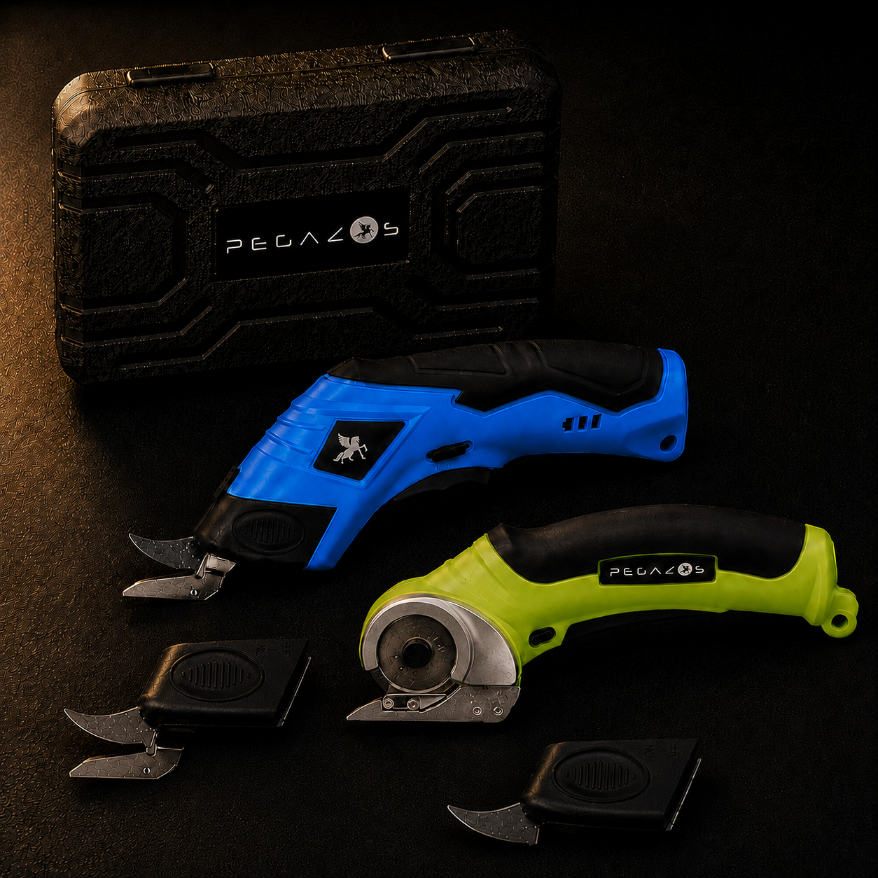 Blue Electric Scissor + Green Rotary Scissor