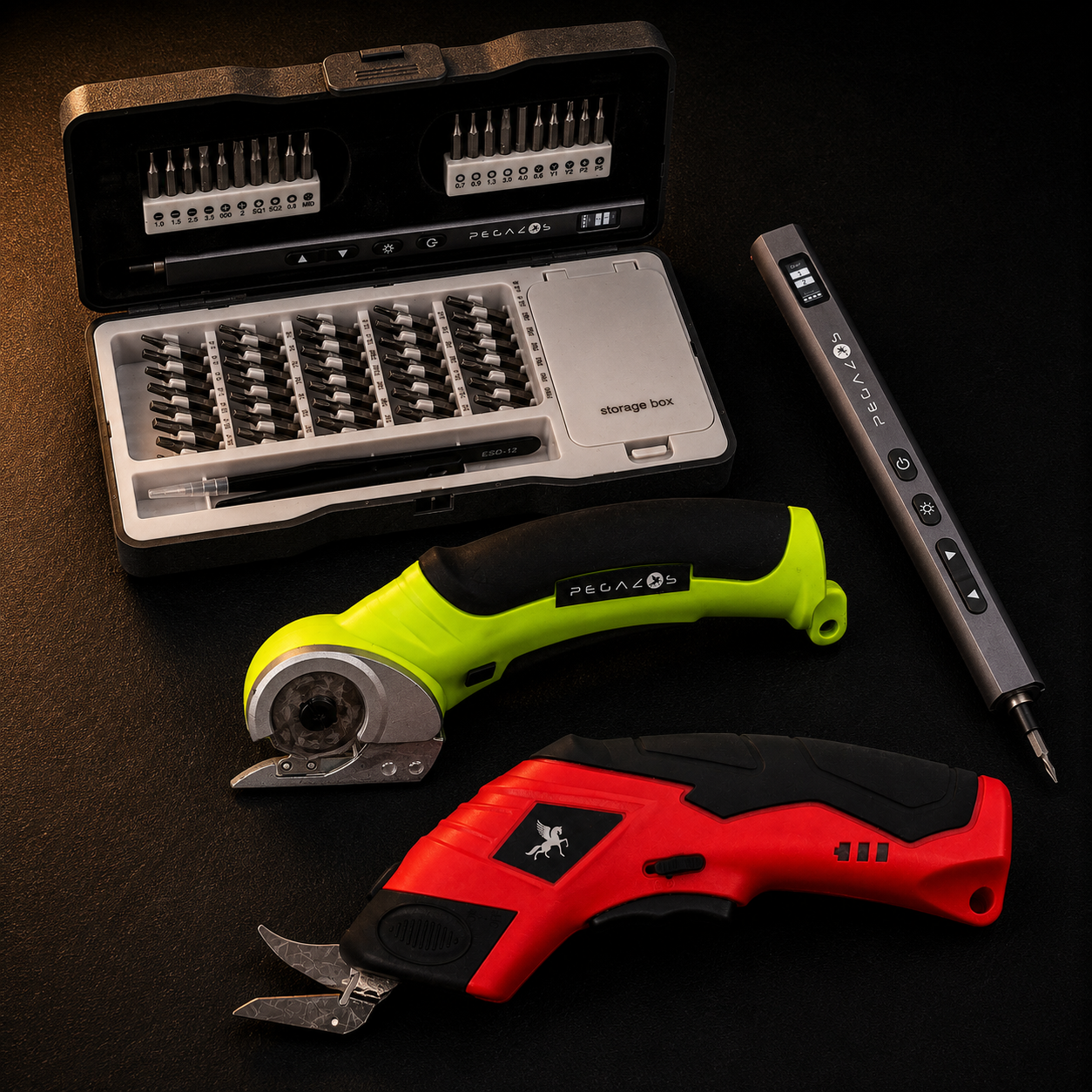 Red Electric Scissor + Green Rotary Scissor + Electric Screwdriver